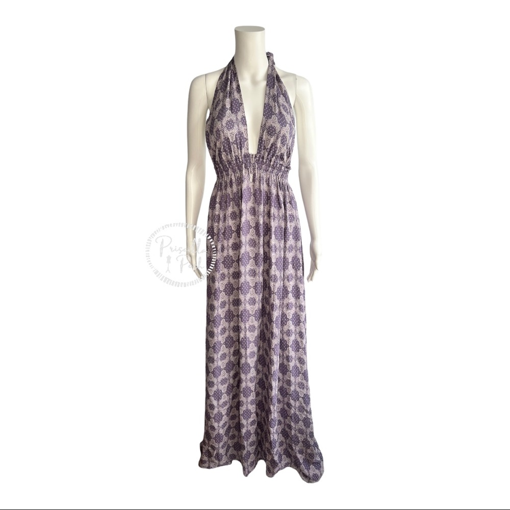 Loveshackfancy Purple Print Halter Neck 100% Silk Maxi Dress printed tie neck